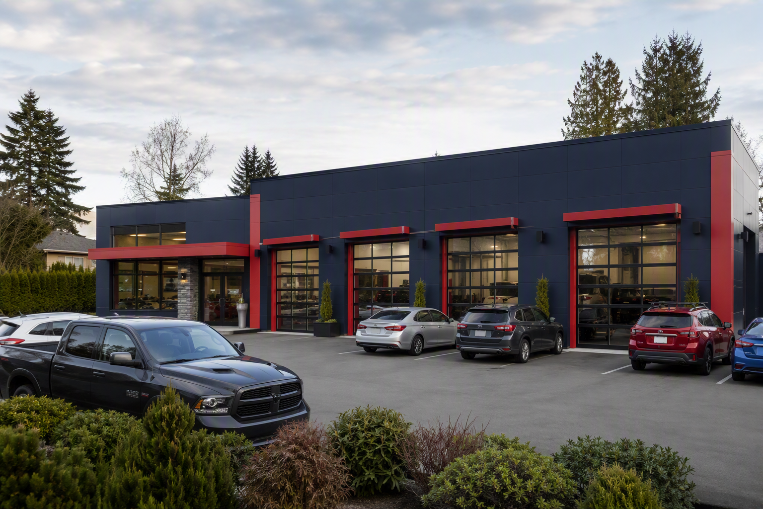 Exterior of a clean modern automotive service facility